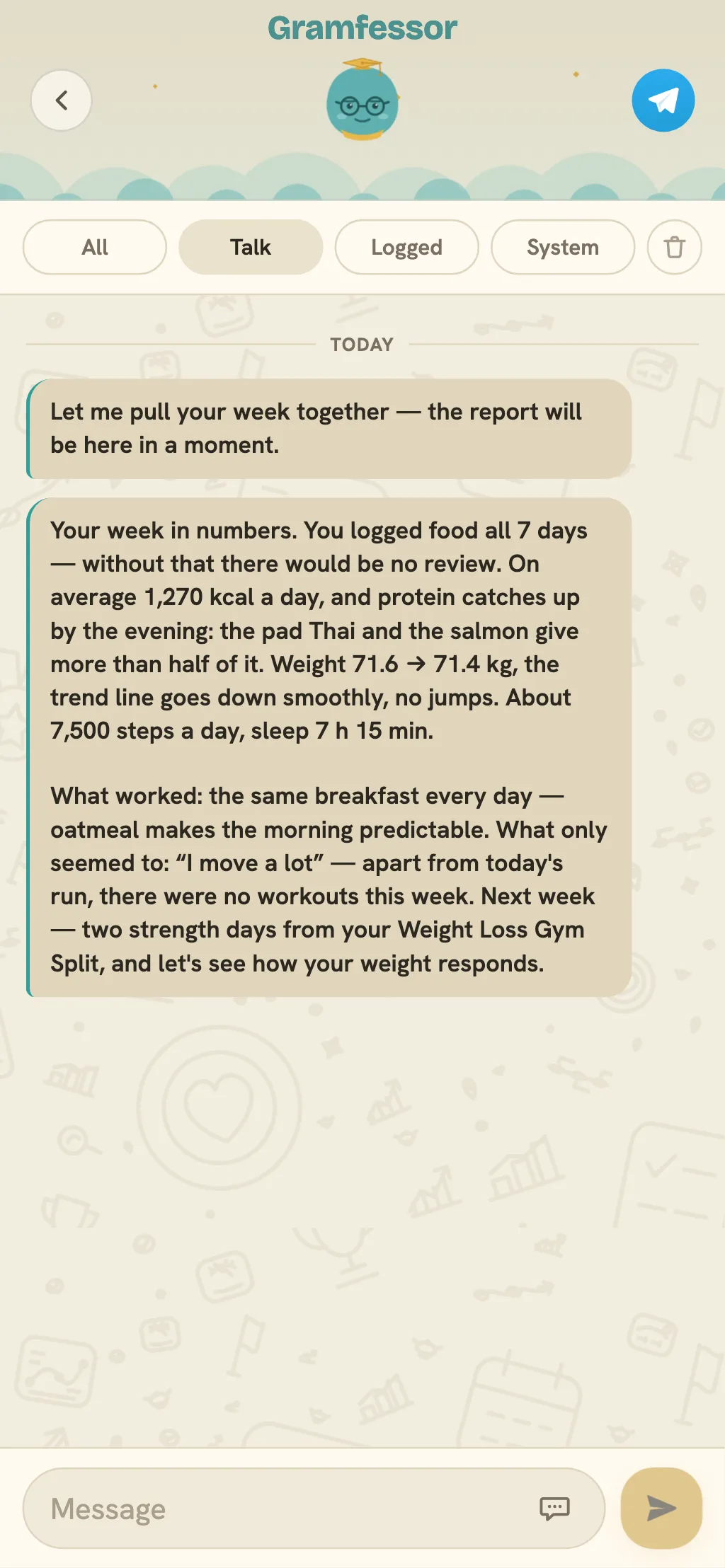 Gramfessor's weekly review in a GramSense chat