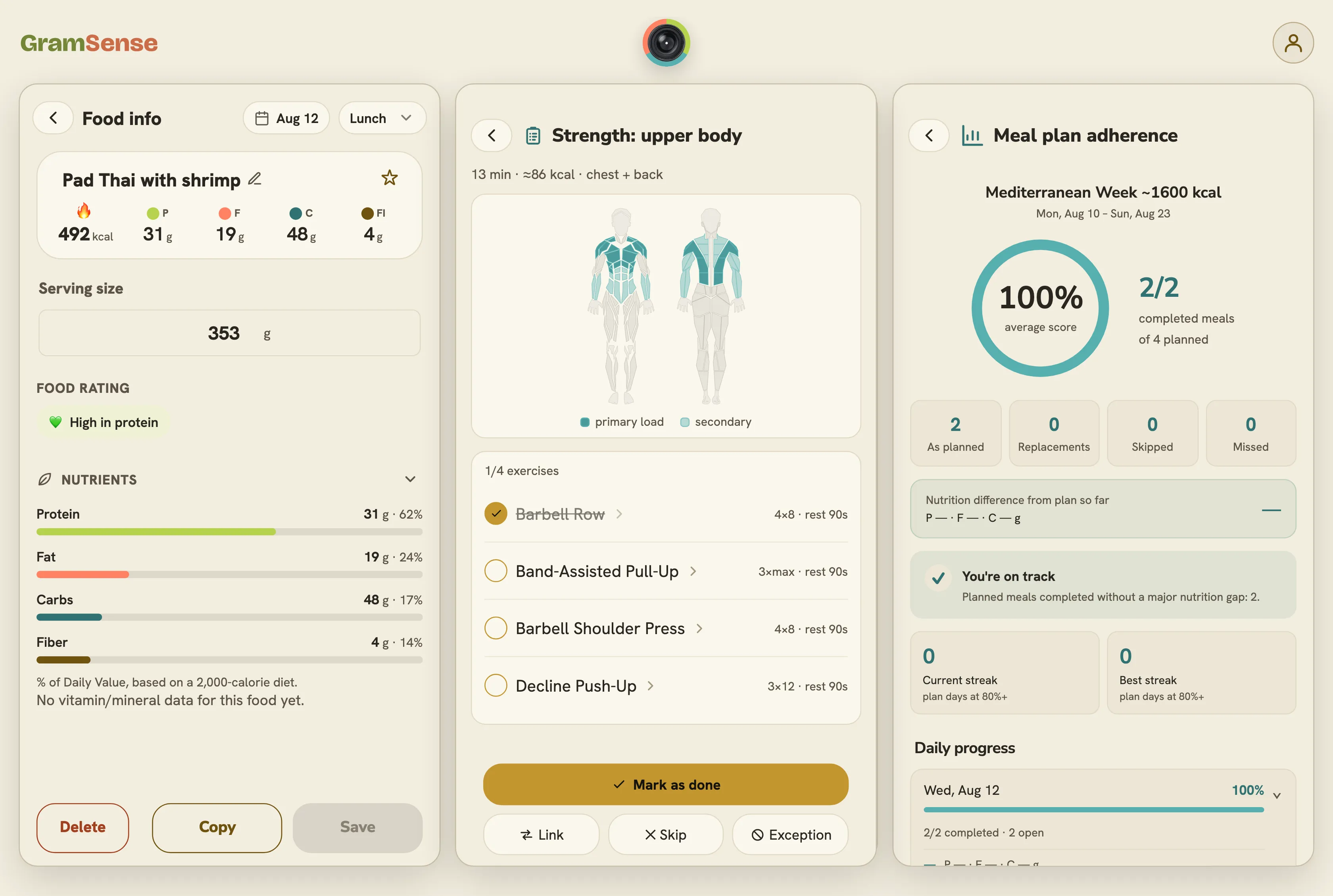 GramSense in the browser: a dish card, the “Upper body” session and meal plan tracking in three columns