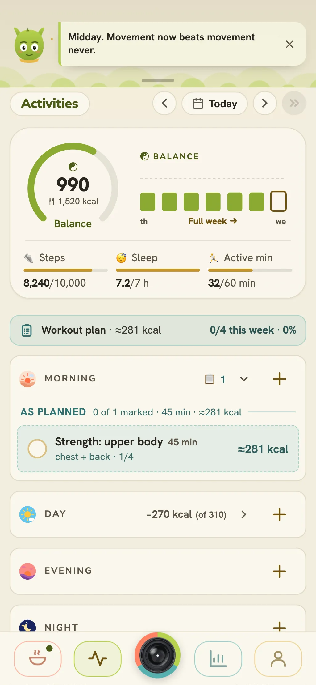 GramSense Mini App: the “Activities” tab with a run and a workout from the plan